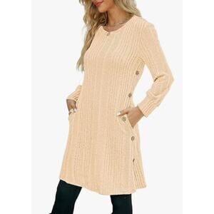 Women's Dress Long Sleeve Tunic, Crew Neck, with Pockets, Button Side SIZE L